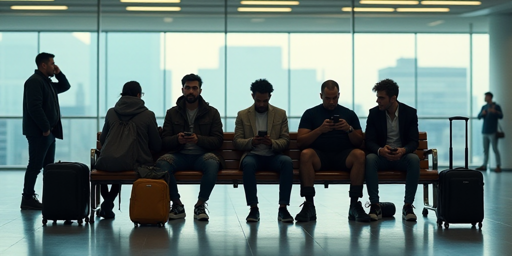 a group of people sitting on a bench with luggage and cell phones in their hands and a man on his ce