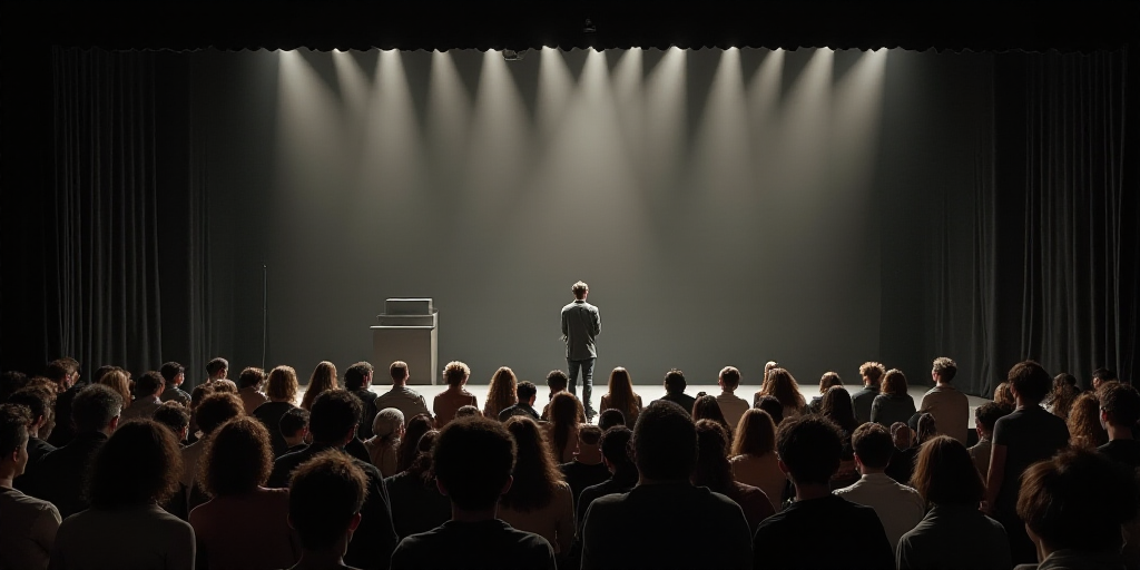 a group of people sitting on a stage in front of a crowd of people watching a man on a stage, Eduard