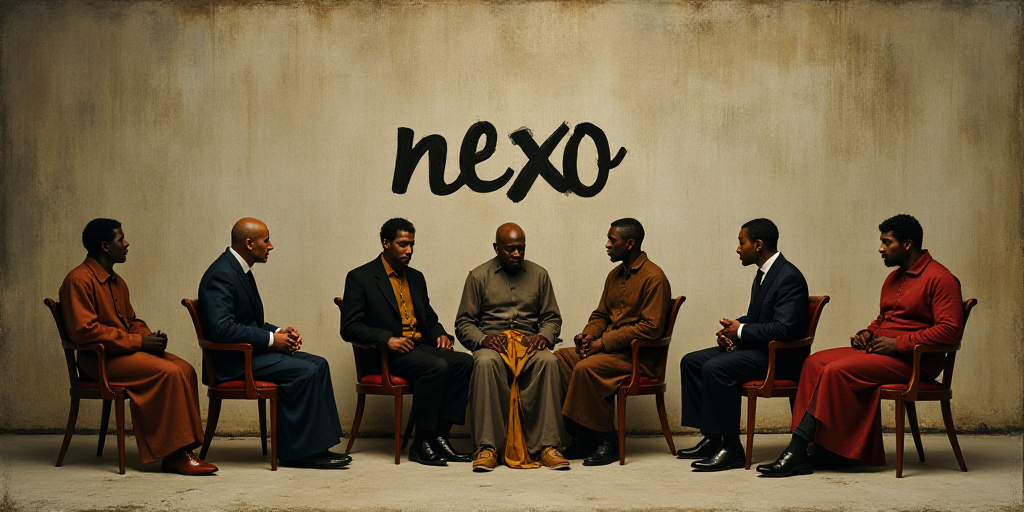 a group of people sitting on chairs in front of a wall with a sign behind them that says nexo, Engue
