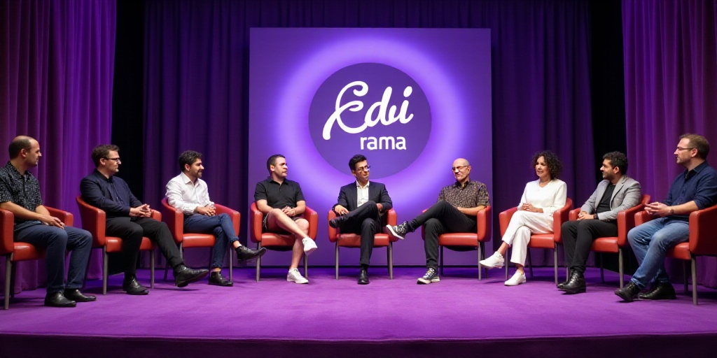 a group of people sitting on chairs on a stage with a purple carpet and a purple backdrop with a sig