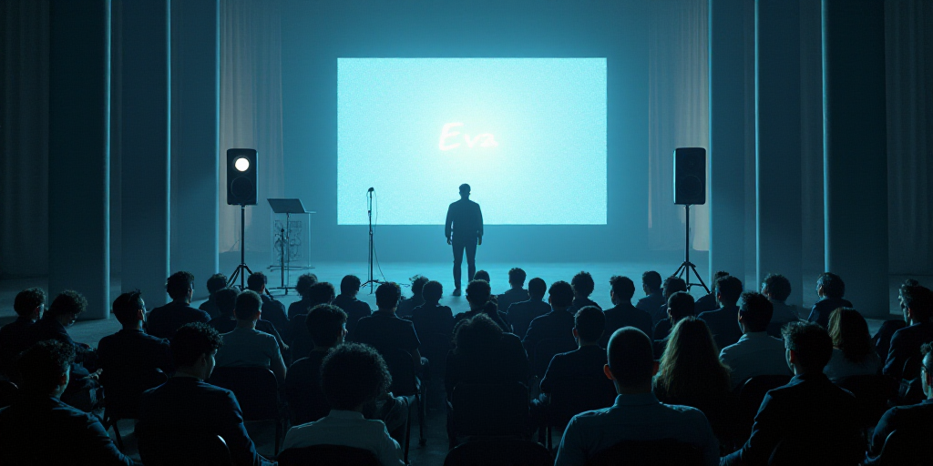 a group of people sitting on chairs in front of a stage with a microphone and speakers on it and a s