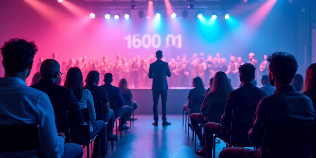 a group of people sitting on chairs in front of a crowd of people on a stage with a man speaking, Ar