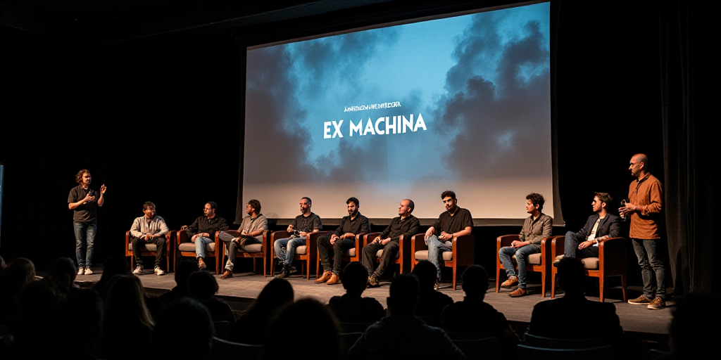 a group of people sitting on stage at an event with a screen behind them that says america digital m