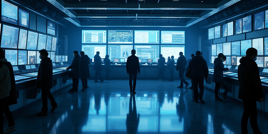 a group of people standing around a counter with lots of monitors on it's walls and a man walking by