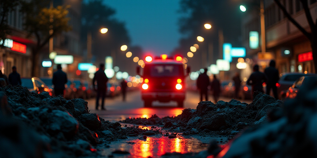 a group of people standing around a pile of junk in a city street at night with a fire truck in the