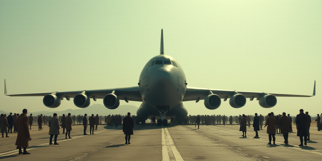 a group of people standing around a large air force plane on a runway with a crowd of people standin