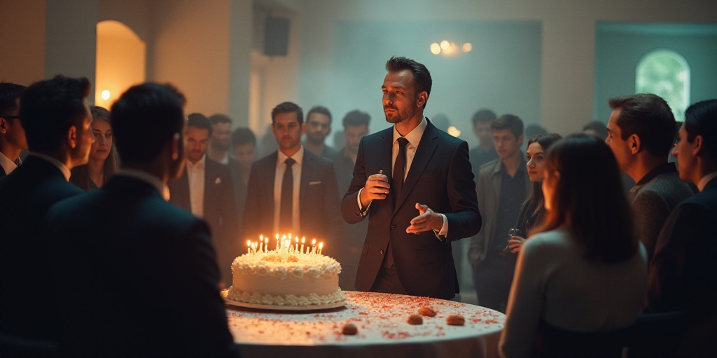 a group of people standing around a table with a cake on it and a man giving a speech to the crowd,
