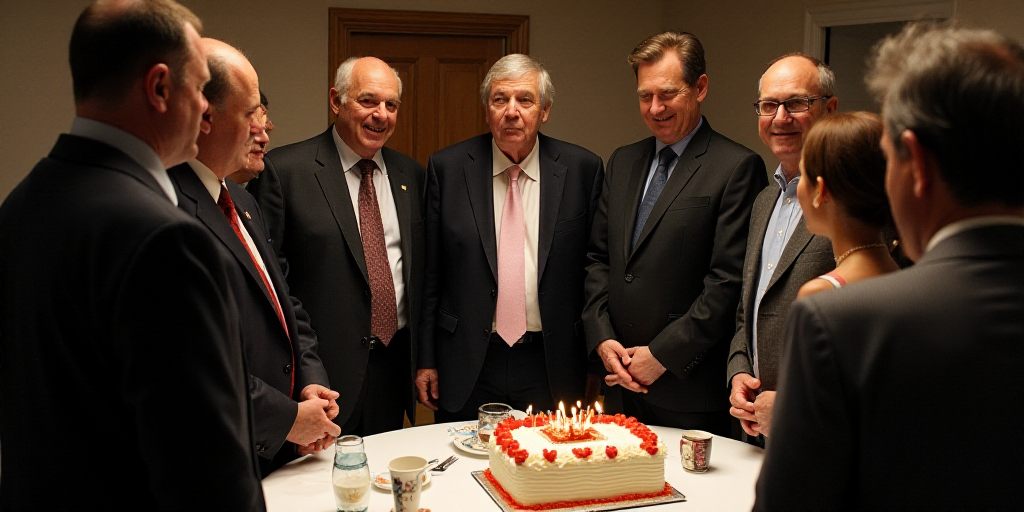 a group of people standing around a table with a cake on it and a man in a suit and tie, David Douga