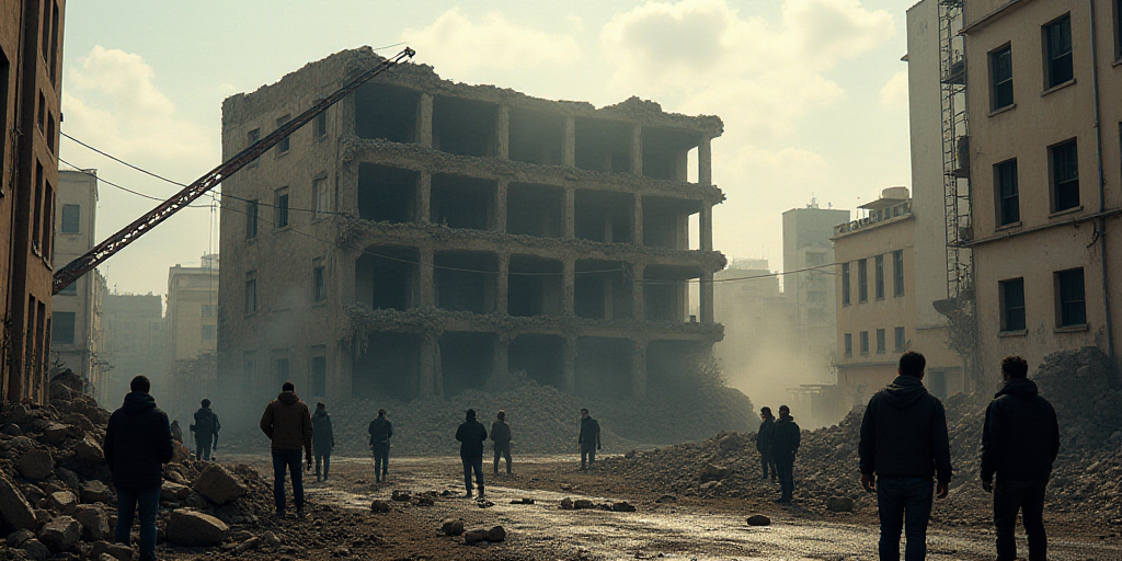 a group of people standing around a building that has been demolished and is being worked on by a cr