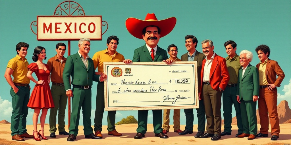 a group of people standing around a giant check in front of a sign that says mexico on it and a man