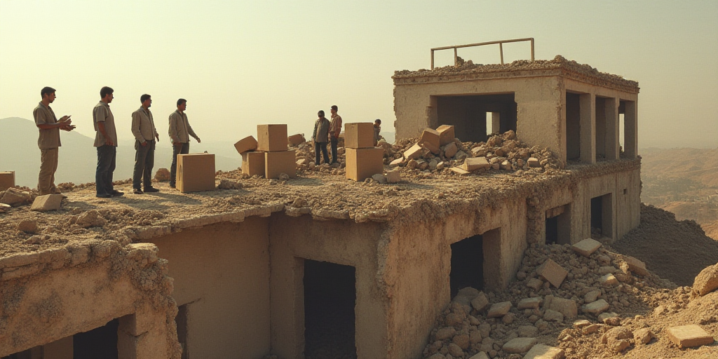a group of people standing around a pile of boxes on top of a building that has been demolished and