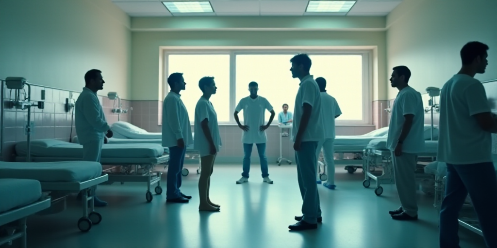 a group of people standing around a hospital room with beds in it and a sign that says gigante de la