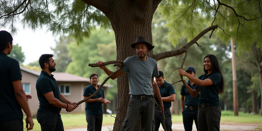 a group of people standing around a tree with a man holding a tree branch in the middle of the pictu