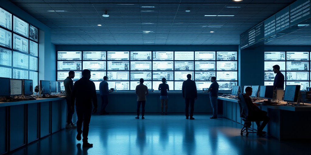 a group of people standing around a counter with lots of monitors on it's walls and a man walking by