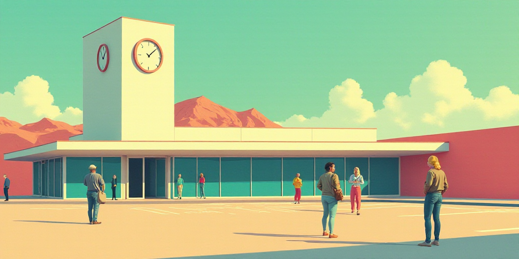 a group of people standing around a parking lot next to a building with a clock tower on top of it,