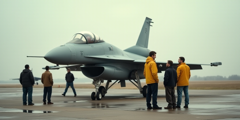 a group of people standing around a jet on a runway with a jet fighter in the background and a man i