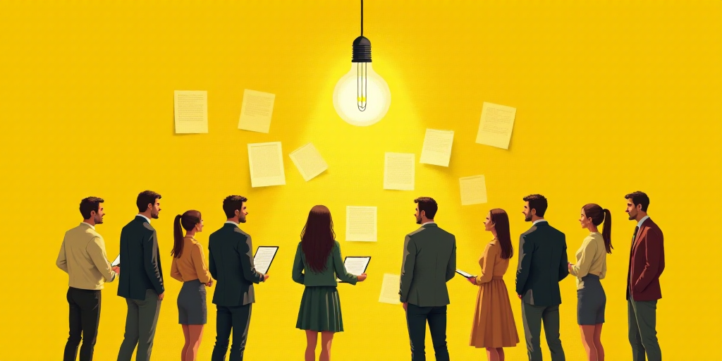 a group of people standing around a yellow background with papers and a light bulb hanging from the