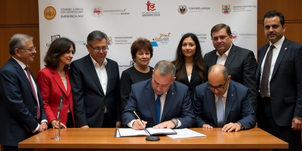a group of people standing around a table signing a document with a microphone in front of them and