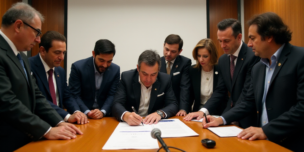 a group of people standing around a table signing a document with a microphone in front of them and
