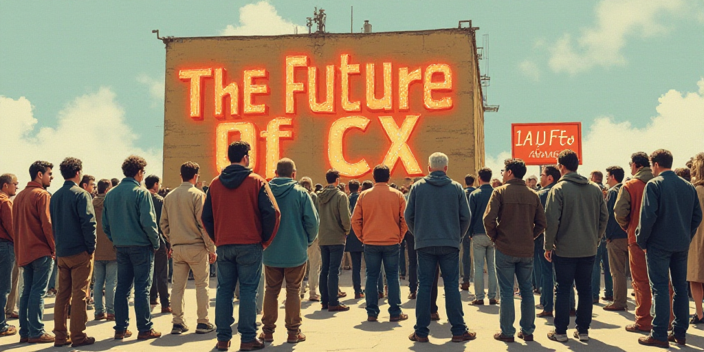 a group of people standing around a building with a sign on it that says the future of cx, Alexander