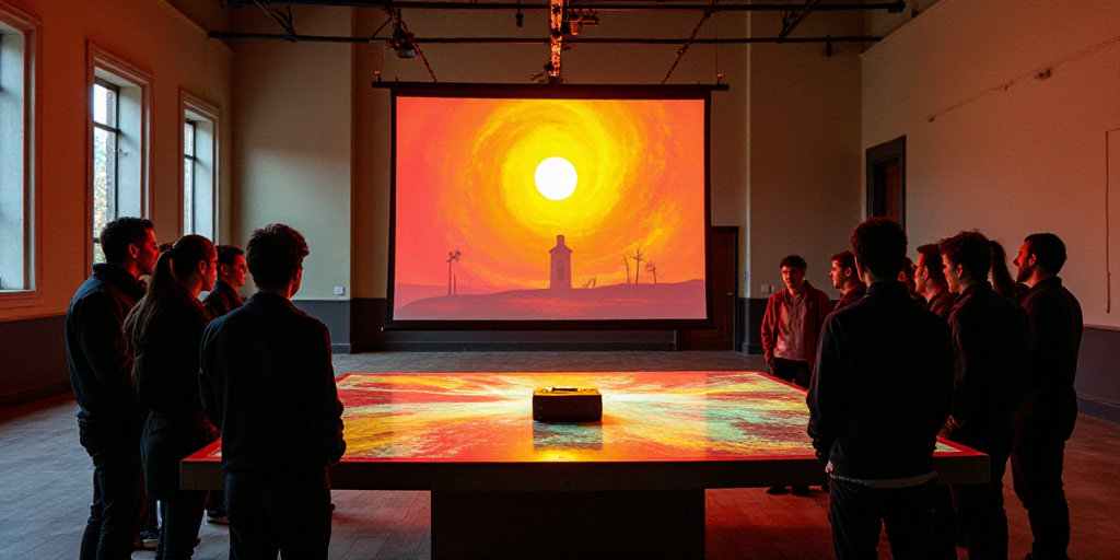 a group of people standing around a table with a projector screen on it in a building with a lot of