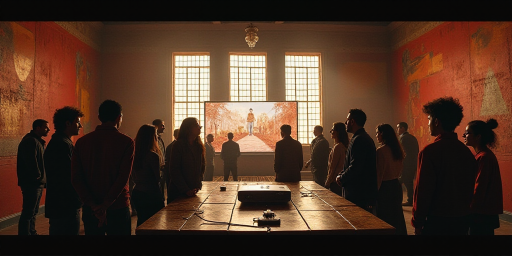 a group of people standing around a table with a projector screen on it in a building with a lot of