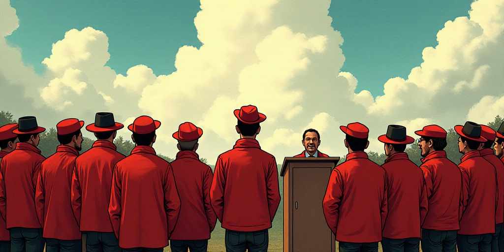 a group of people standing around a podium in front of a crowd of people in red jackets and hats, Ca