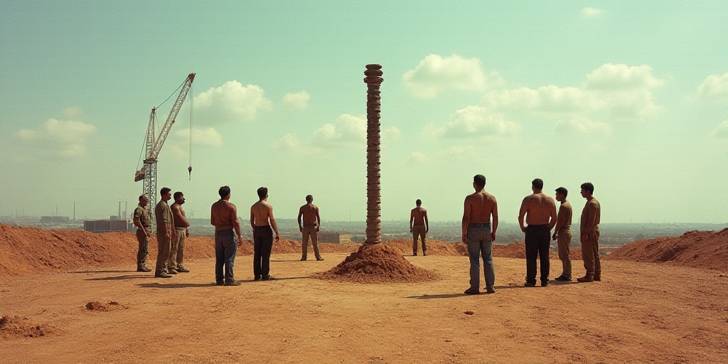 a group of people standing around a metal pole in the dirt and dirt field with a crane in the backgr