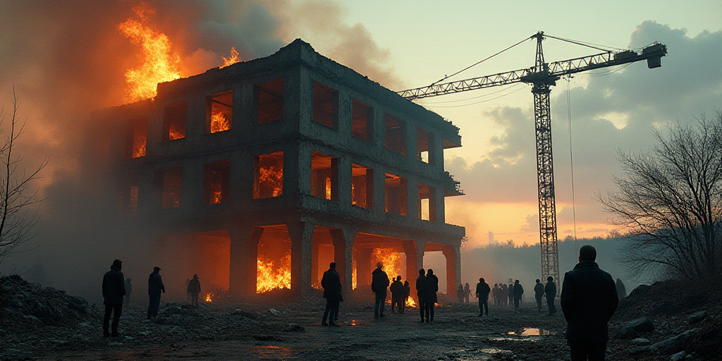 a group of people standing around a building that has been destroyed in a fire and a crane is in the