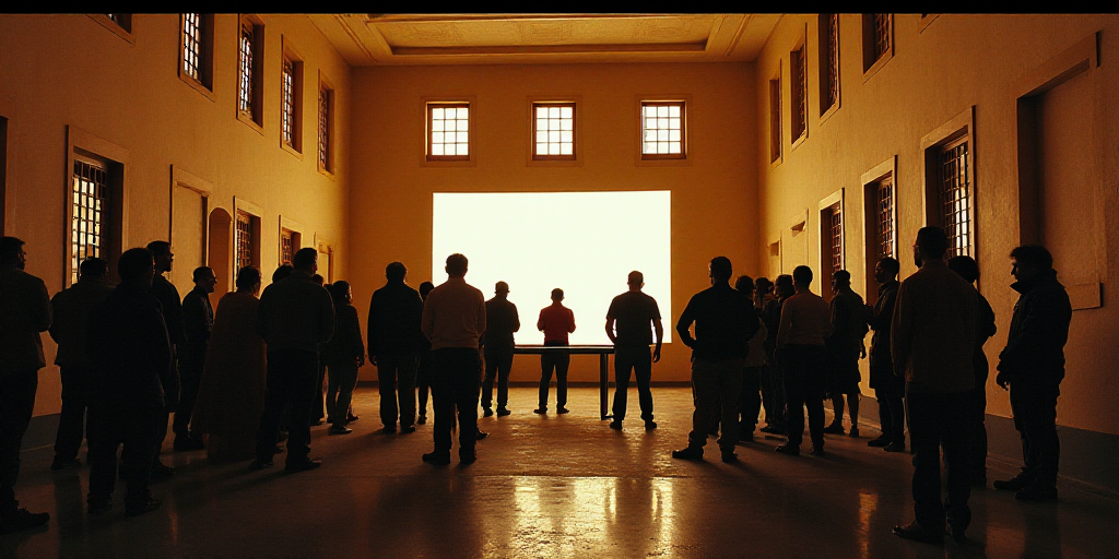 a group of people standing around a table with a projector screen on it in a building with a lot of