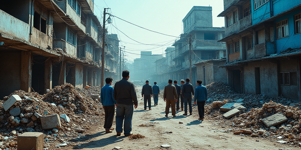 a group of people standing around a pile of debris and debris in a street with a blue building in th