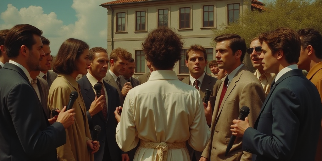 a group of people standing around each other in front of a building with a microphone in their hand