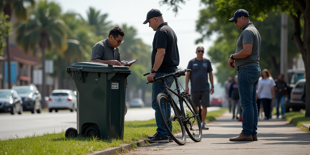 a group of people standing around a trash can on the side of a road with a bicycle leaning against i