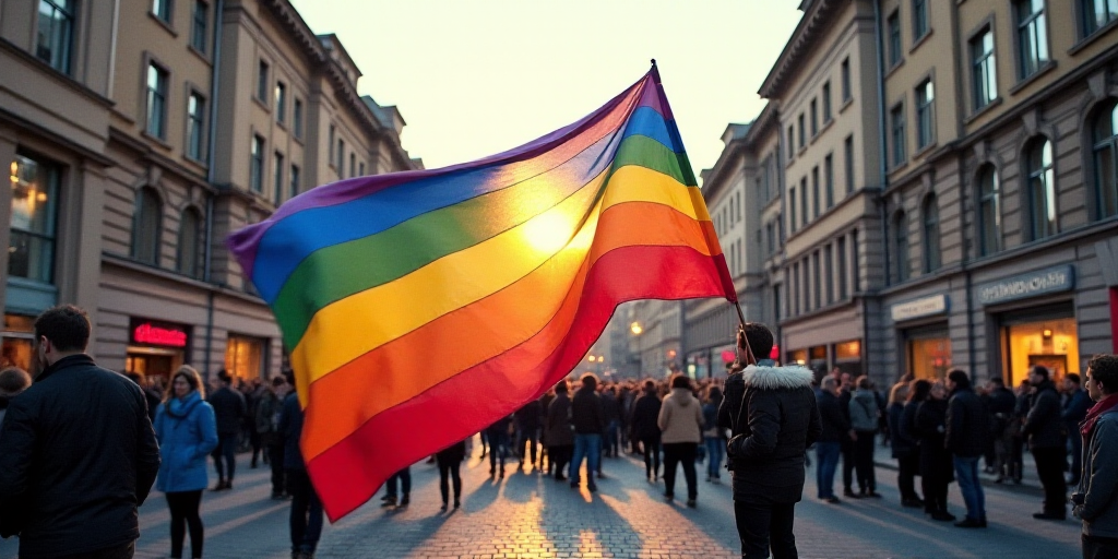 a group of people standing around a rainbow colored flag on a street corner with people standing aro