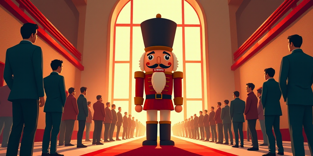 a group of people standing around a giant nutcracker in a building with a red roof and a red carpet,