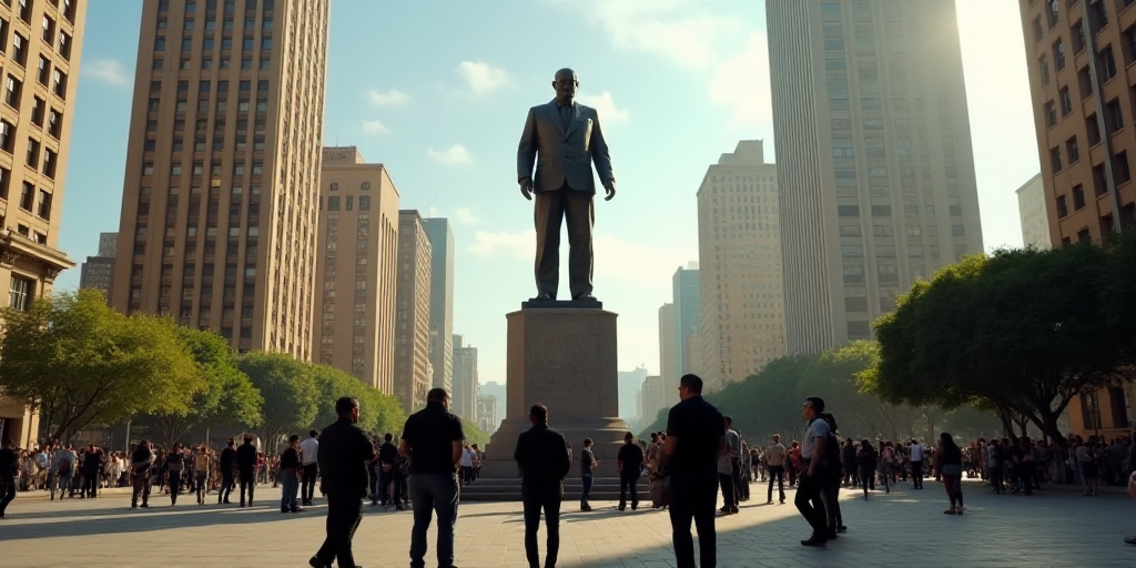 a group of people standing around a statue in a city square with tall buildings in the background an