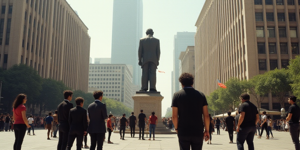 a group of people standing around a statue in a city square with tall buildings in the background an