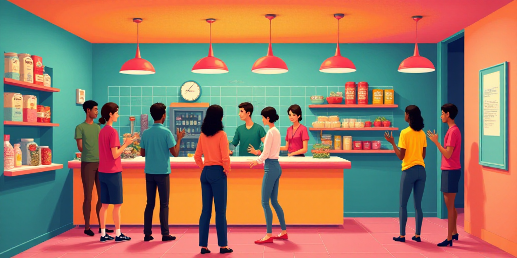 a group of people standing around a counter in a store with food on it and a sign on the wall, Altic