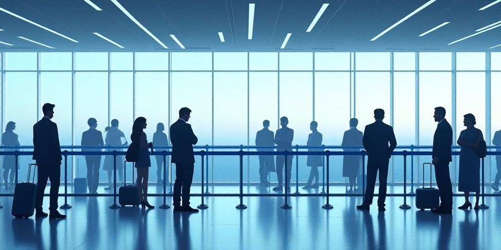 a group of people standing around a blue barrier in an airport lobby with a man walking by them and