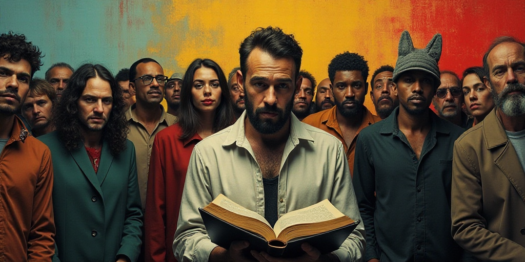 a group of people standing around a microphone and a man holding a book in front of them with a micr