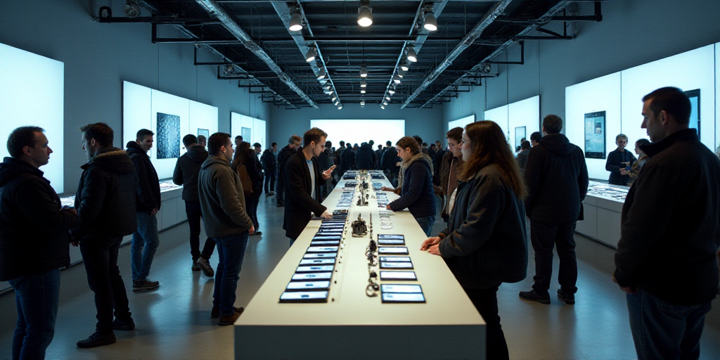 a group of people standing around a store looking at cell phones and electronics on display in a sto