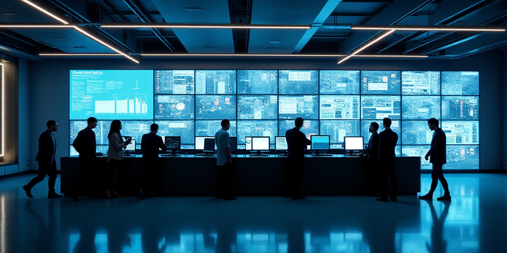 a group of people standing around a counter with lots of monitors on it's walls and a man walking by