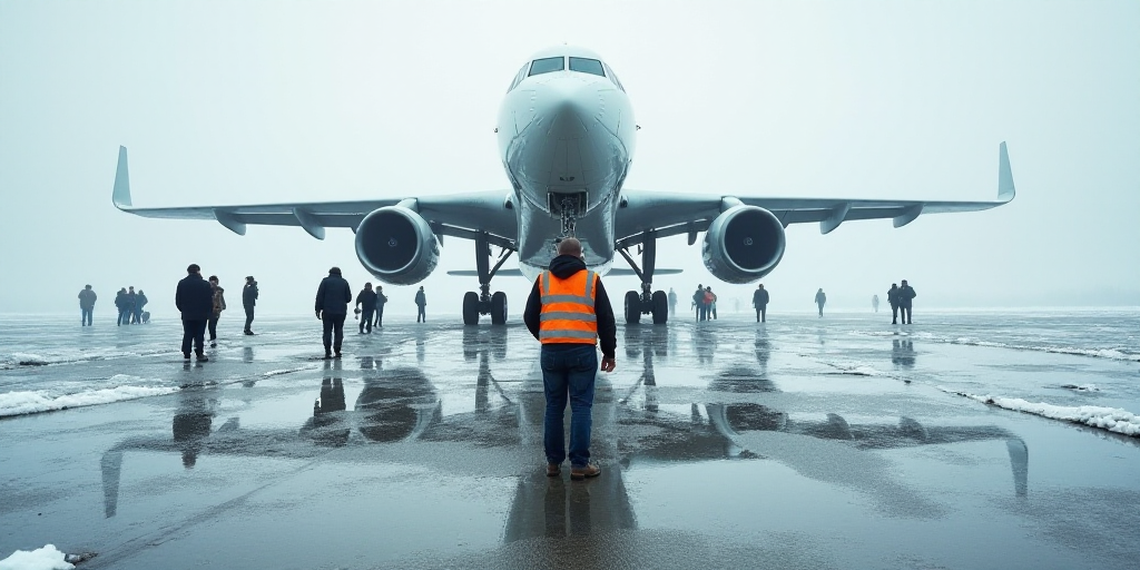 a group of people standing around a large airplane on a runway with a man in a vest on the ground, E