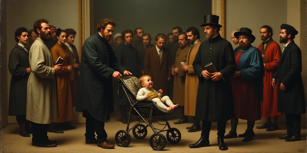 a group of people standing around a baby in a stroller and a man holding a book in his hand, Araceli