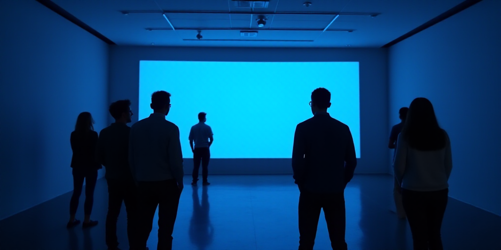 a group of people standing around a blue sign in a room with a screen on it's wall, Araceli Gilbert,