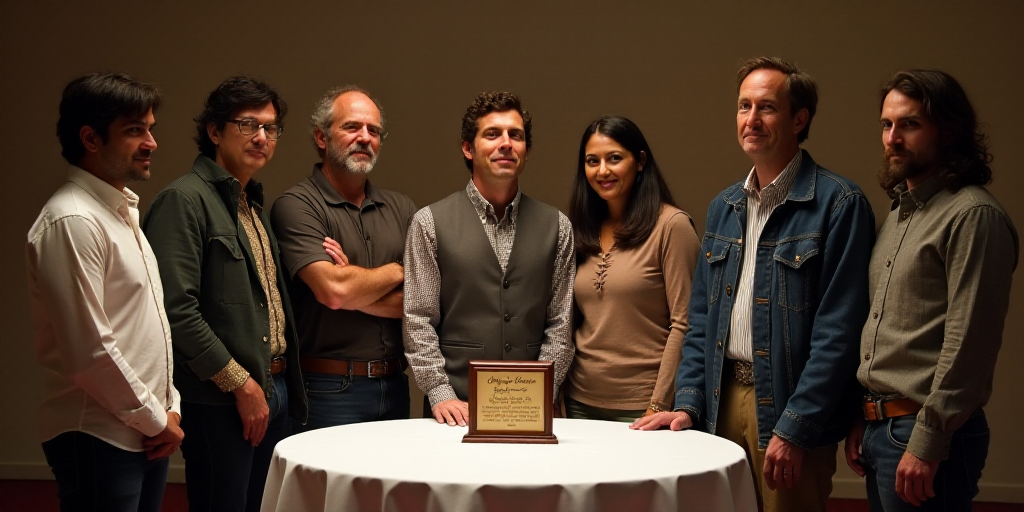 a group of people standing around a table with a plaque in front of them on a table with a white tab