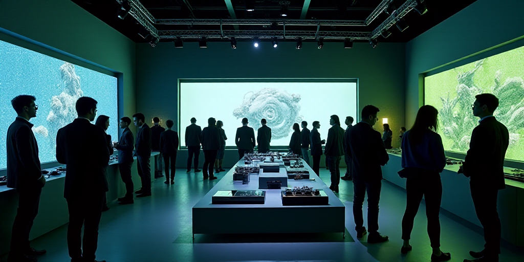a group of people standing around a display of electronics and electronics equipment in a room with