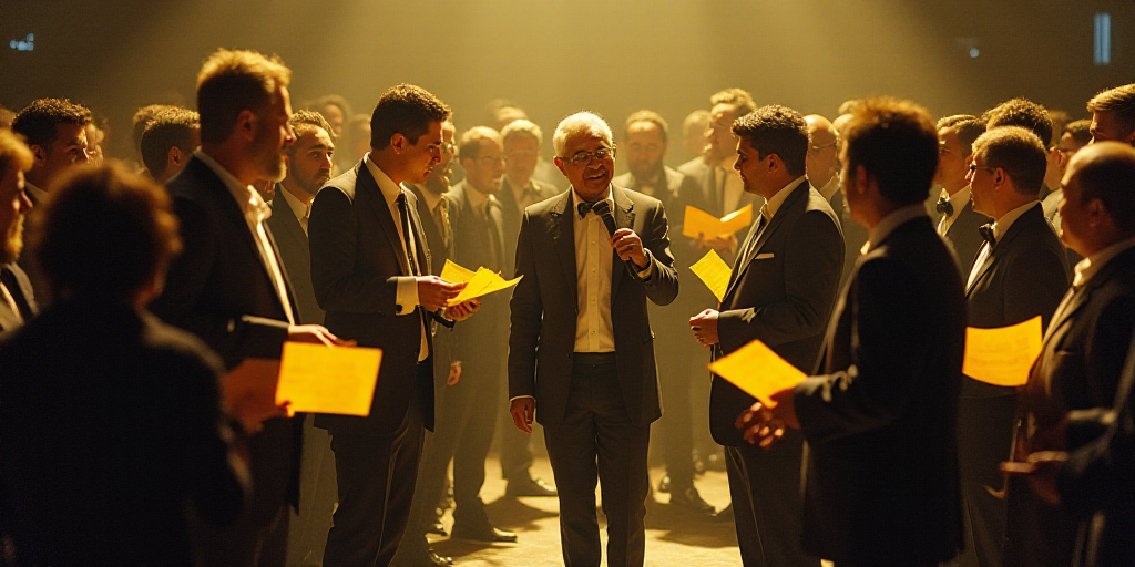 a group of people standing around each other holding yellow papers and microphones in their hands an