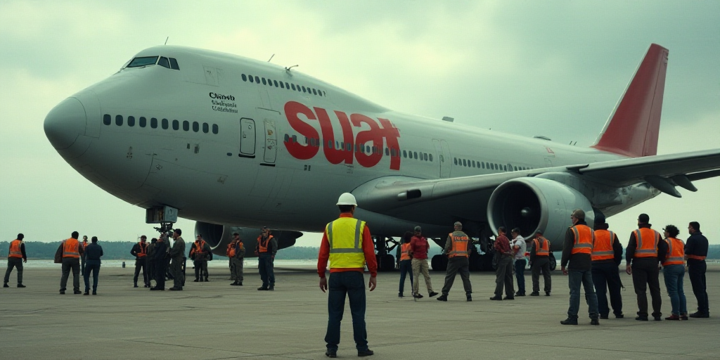 a group of people standing around a large airplane with a fuel tank on it's side and a man in a yell