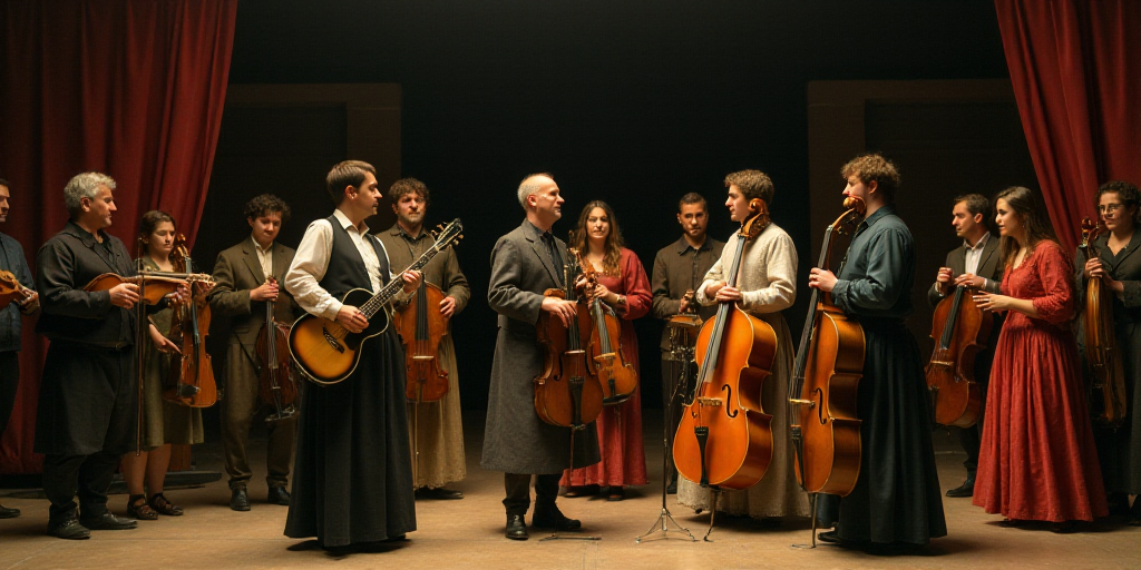 a group of people standing around each other with instruments in front of them and a stage behind th